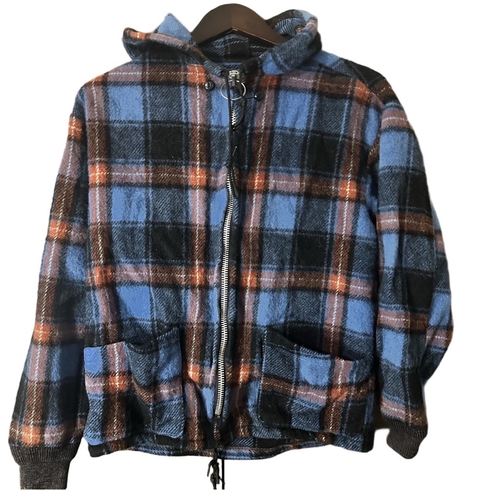 Sportland Plaid Wool Hooded Zip Jacket in Blue and Brown Approx. Size Medium